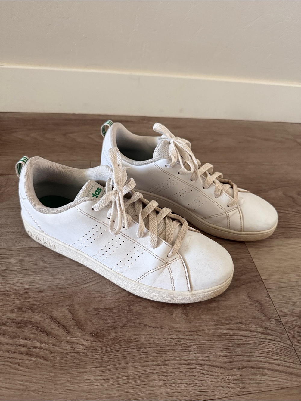adidas White Sneakers with Green Heel Tabs